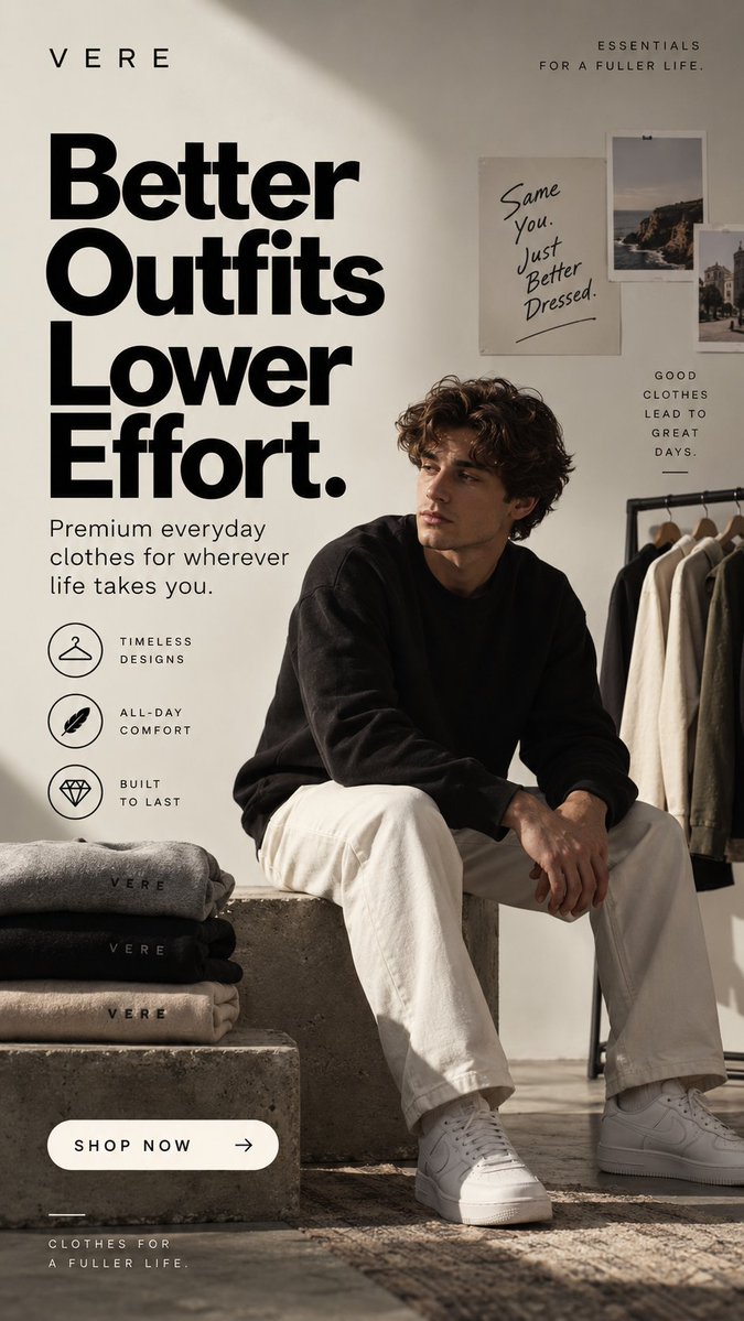 Marqueestudi0's tweet photo. A clothing ad doesn’t always need to talk about the clothes.

“Better outfits. Lower effort.”

The product is clothing. https://t.co/5dBxo9EQQI