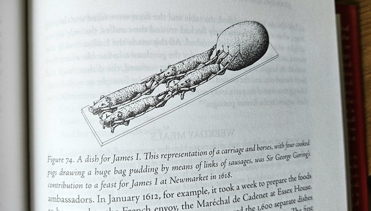 neilbuttery's tweet photo. Just spotted this piece of magnificence on Peter Brears' 'Cooking &amp; Dining in Tudor &amp; Early Stuart England', a carriage &amp; horses made from sausages, a bag pudding &amp; 4 roast sucking pigs, made for James VI/I.

A new Sunday roast aim unlocked! https://t.co/xCt2kitQVR