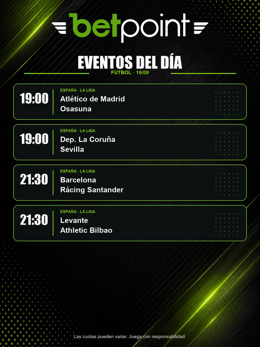 gobetpoint's tweet photo. 🔥 Agenda deportiva del 16 de septiembre 🔥
Fútbol, hockey hielo y tenis de mesa para una jornada que empieza temprano y se alarga hasta la noche.
Desliza para consultar todos los partidos y horarios. ¿Cuál vas a seguir?
#BetPoint #EventosDelDía #Fútbol #EuropaLeague https://t.co/ifj5gLI0tm