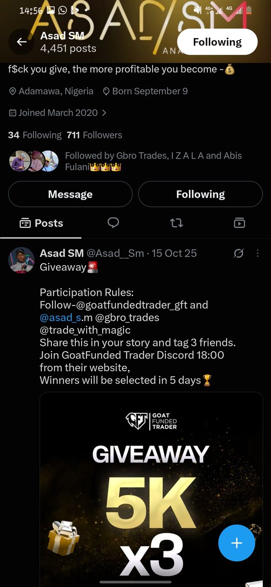 fxvisionirm7's tweet photo. @Asad__Sm @Asad_s Sir Asad, jiya na gama kallon course ɗinka kuma gaskiya ya amfane ni sosai. Allah ya saka maka da alheri. 🙏🏽 Idan na samu wannan account ɗin, zai taimaka min sosai wajen trading journey ɗina. Allah ya ƙara maka ni’ima da albarka. 🤲🏽❤️ https://t.co/TyacXdiJtV