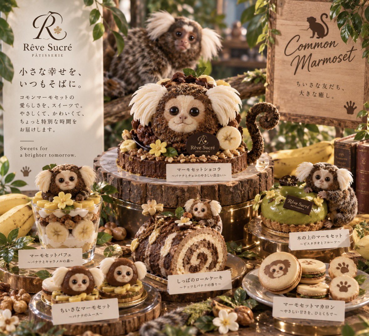 ai_patissiere's tweet photo. コモンマーモセットを、スイーツの世界にしてみました🐒🤎

ふわふわの白い耳と、小さな手、くるんとした尻尾。
バナナ、ショコラ、ナッツを使って、森のパティスリーをイメージしました🍌🍫

マーモセット好きなら、どれから食べたい？👀✨

#コモンマーモセット #マーモセット #スイーツ #パティシエ https://t.co/Plo2Arsdji