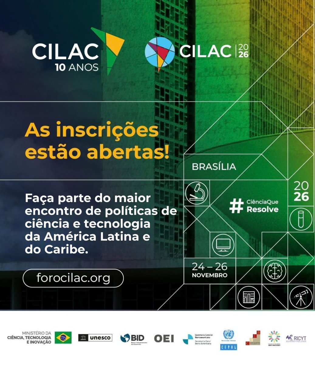 UNESCOBrasil's tweet photo. As inscrições para o Fórum #CILAC2026 já estão abertas! ​

De 24 a 26 de novembro, Brasília será o ponto de encontro sobre políticas de ciência e tecnologia da América Latina e do Caribe. ​

Saiba mais: https://t.co/his7ivPDbT https://t.co/Z9KClKYOBf