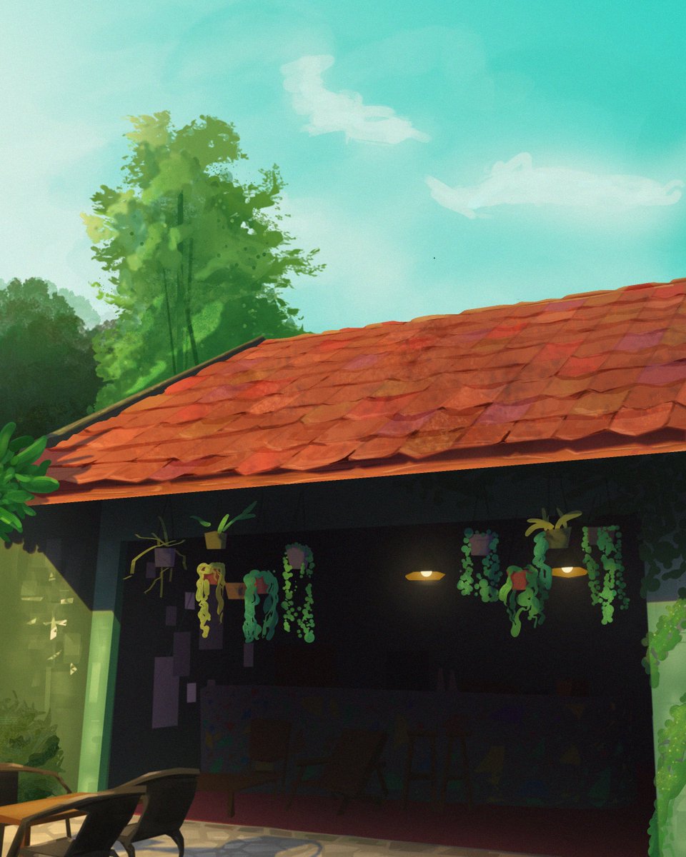 inoo_paint's tweet photo. Welcome to a new series: Coffeeshops Through My Eyes. 🌿
for the very first edition, this is Saorsa Headquarters. I really wanted to capture the lush greens and the warm sunset, which is my favourite time to be there. 
#backgroundart #botanicalillustration #cozyart #softpainting https://t.co/LPF2Y6AC3X