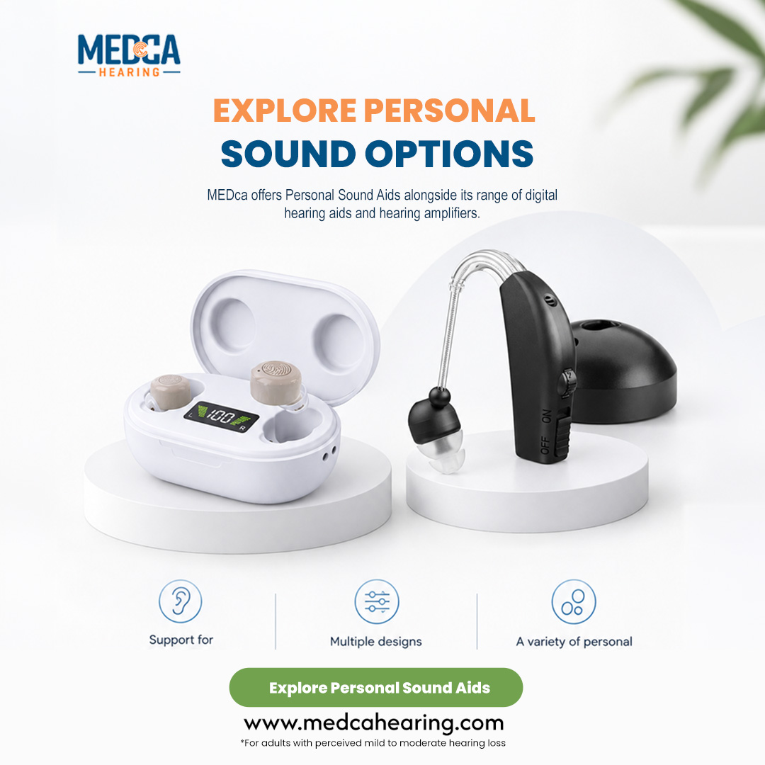 MedcaHearing's tweet photo. Finding the right hearing solution can make everyday activities more comfortable and convenient.

We offer a range of options to suit different preferences, from personal sound devices to digital hearing aids.

Shop now : https://t.co/72swB76hf7

#MEDcaHearing #HearingAids https://t.co/vWOtqhILXs