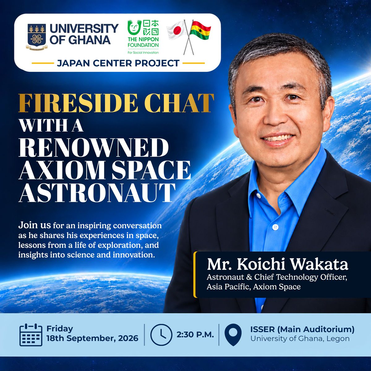 ISSERUG's tweet photo. As host of the 🇯🇵Japan Center, ISSER proudly joins @UnivofGh in welcoming astronaut Koichi Wakata (Axiom Space) for a Fireside Chat on space, exploration &amp; innovation.

Kudos to Prof. Felix Asante for leading this impt initiative!
#Partnership #Research @Astro_Wakata @RdoseiOsei https://t.co/FZl5JOaZbK