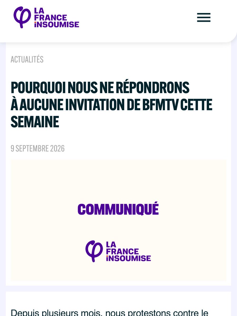 Gdams70's tweet photo. 🔴 Ils ne boycottent pas une chaîne. Ils boycottent une femme qui ne plie pas.

LFI accepte BFM dès qu’on leur glisse la liste. 
Dès qu’on promet de « corriger ». Dès qu’on promet de les épargner.
Face à Sonia Mabrouk ? 
Non. Parce qu’elle ne joue pas le rôle de secrétaire. Parce qu’un plateau, chez elle, n’est pas une permanence. 
Parce qu’elle invite ceux qu’ils veulent rayer de l’antenne.
Leur règle est simple. 
Le micro est libre quand il sert. Le micro est fasciste dès qu’il contredit.

Ce n’est pas du journalisme qu’ils réclament. 
C’est un tampon. 
Un droit de veto sur les visages. Un droit de regard sur les questions.
Sonia Mabrouk les dérange. C’est précisément le métier. 🇫🇷
Like. RT. Dites-leur que l’antenne n’appartient pas à LFI. @SoMabrouk @BFMTV 
Communiqué LFI 👇
https://t.co/kO6E2cjlCO