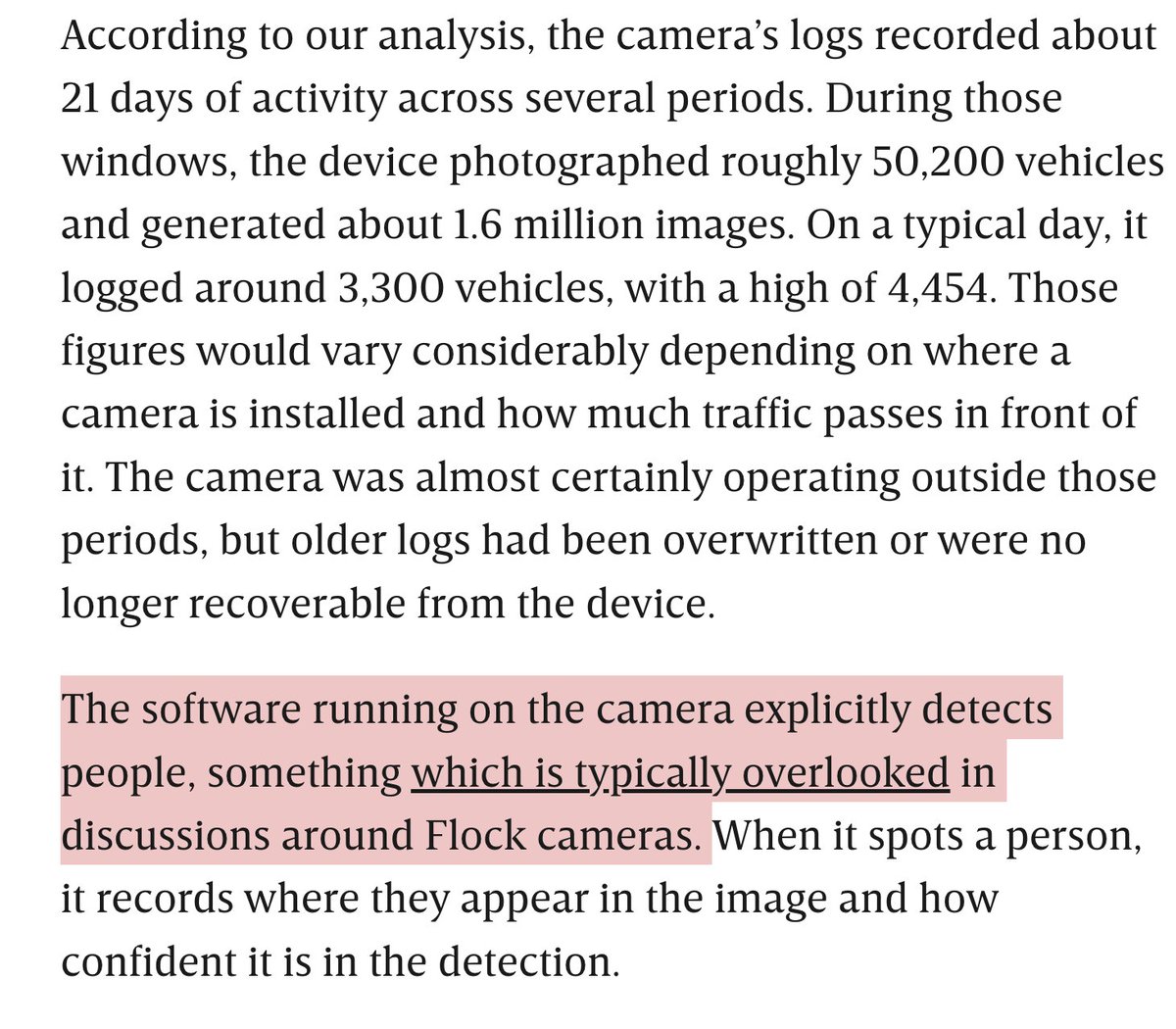 jsrailton's tweet photo. “Who’s a good boy?!”

Hackers just dumped the contents of a Flock camera.

They found:

🔴Software explicitly detecting people, not just plates
🔴1.6 million images logged in 21 days
🔴Key to decrypt files stored on the device itself. 

Finds directly contradict Flock, which claims someone with physical access can't access images.

Making it worse,@GainSec warned about the physical access issue more than a year ago & Flock downplayed it.

And yeah, the Flock camera logged  “Who’s a good boy?!” about every 2 minutes, all while plagued with errors, crashes & reboots.
 
By @dmehro & @josephfcox 
https://t.co/5a91FwVrPf