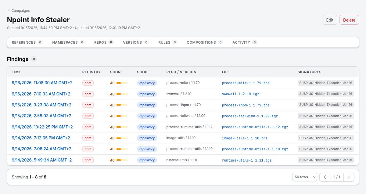 nextronresearch's tweet photo. Our THOR Thunderstorm-based artifact scanning pipeline identified a coordinated npm campaign hiding malicious behavior inside packages presented as runtime, process, layout, and image utilities.

When imported, the packages launch a hidden Node.js process that retrieves and executes code from the JSON storage "npoint". The payload collects system and network details, steals Chrome extension data, monitors the clipboard, and can activate a Windows keylogger.

IOCs:
api.npoint[.]io/24c25d5f5fcbb0992a4f
api.npoint[.]io/33e8d008c334b060adad
api.npoint[.]io/641d37178a880b1e8b8f
api.npoint[.]io/ddae72efbb6714fae922
api.npoint[.]io/37c0a0c68bf7a94ed731
103.170.217[.]184:8787

Packages:
process-mite@1.1.79
process-lhpm@1.1.79
process-tailwind@1.1.99
[at]biz44/process-runtime-utils@1.1.10
[at]vibecheck-polid/process-runtime-utils@1.1.12
@biz44/runtime-utils@1.1.11
swnwall@1.2.10
[at]railone/image-utils@1.1.10
