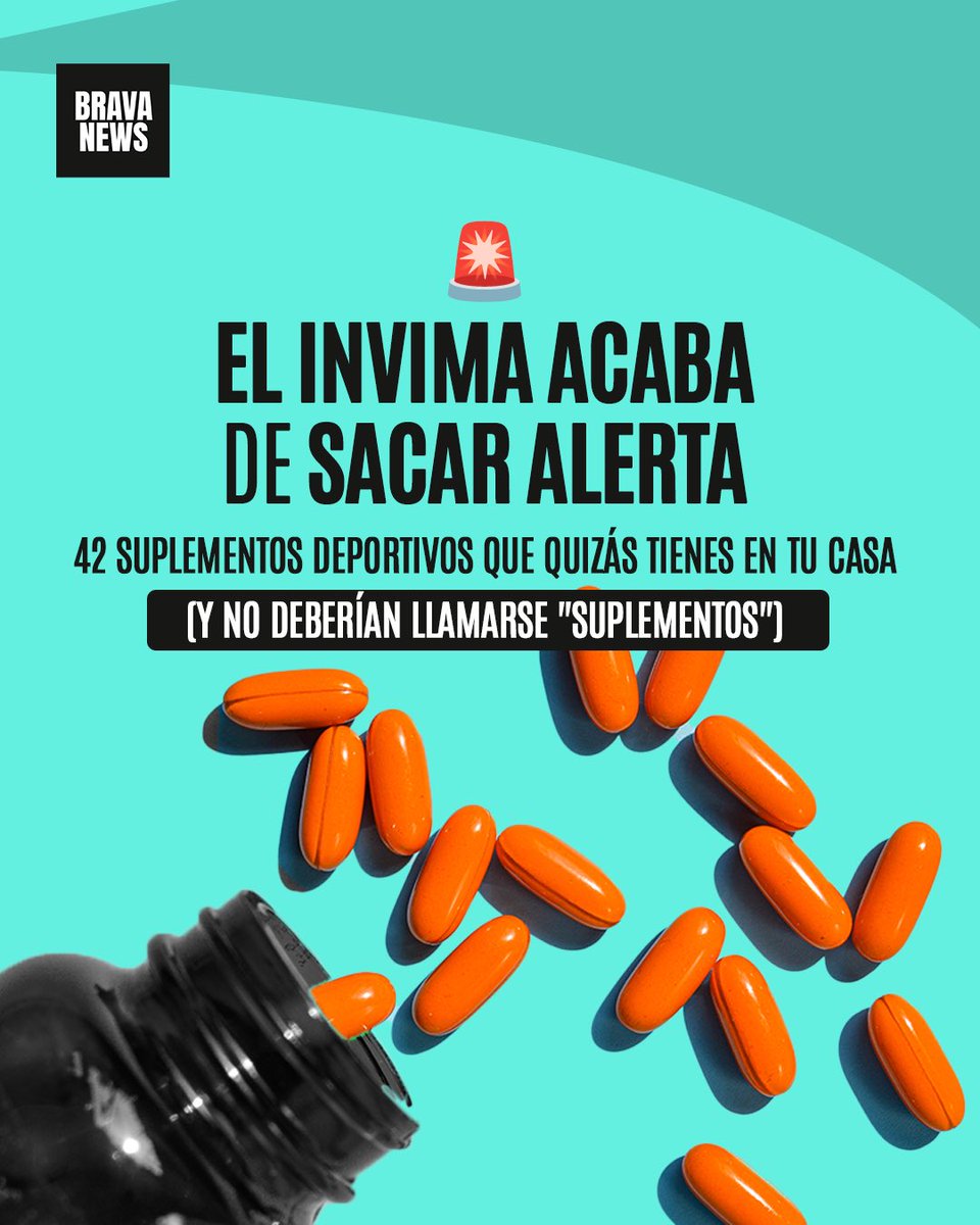 BravaNewsCo's tweet photo. SALUD BRAVA: El INVIMA alertó sobre 42 suplementos deportivos (proteínas, gainers, pre-entrenos y más) que se venden con publicidad que no está permitida para su tipo de registro sanitario. Hilo 🧵🩵
#InvimaAlerta #SuplementosDeportivos #FitnessColombia #ProteinaEnPolvo https://t.co/lvicRxIQZr