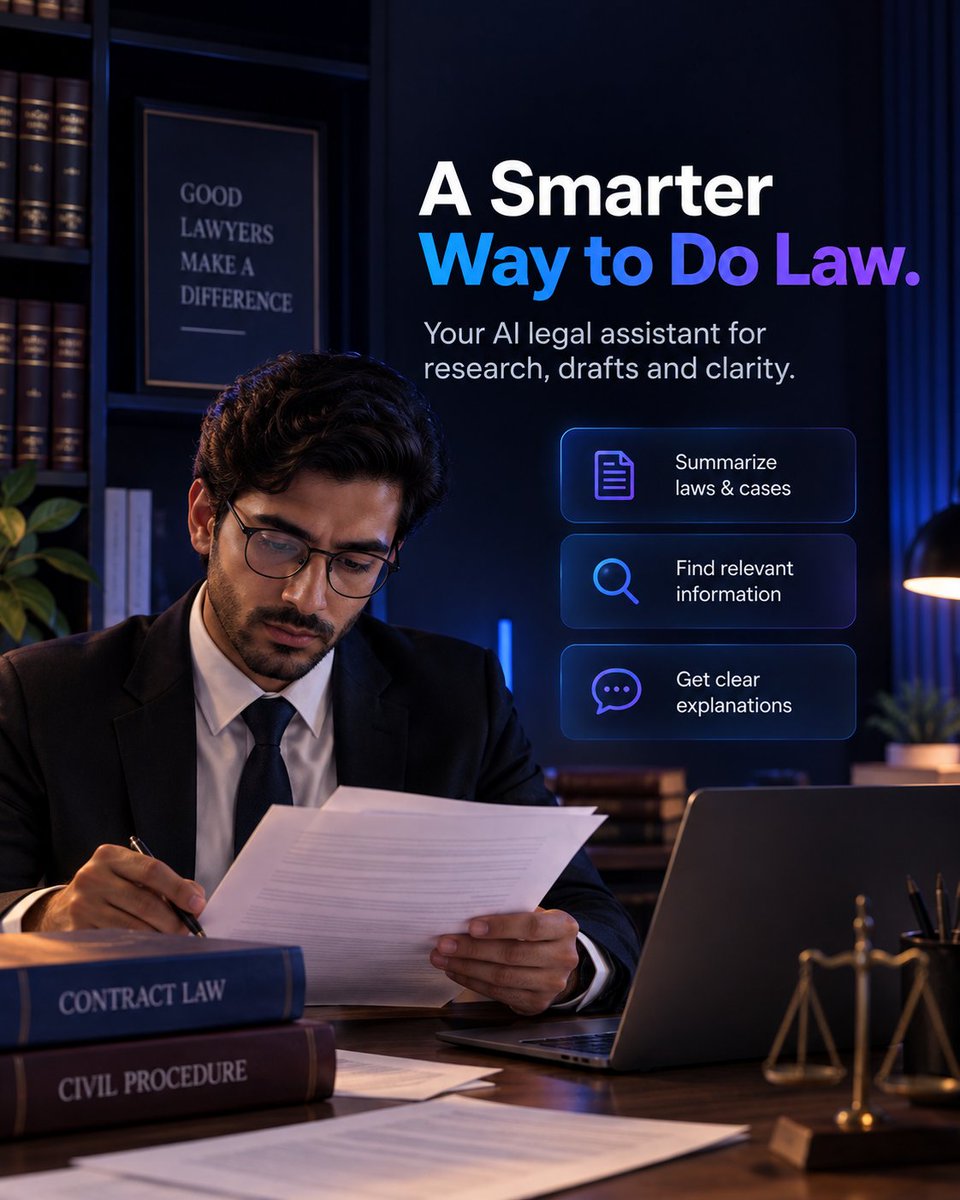 cognimatesai's tweet photo. Lawyers don’t need AI to replace their expertise. 

They need better support for the work that takes hours.

Research, document review, drafting, and quick answers, all in one place.

That’s the idea behind an AI Lawyer with CogniMates.

#CogniMates #AILawyer #LegalTech https://t.co/mH07l8MrGV