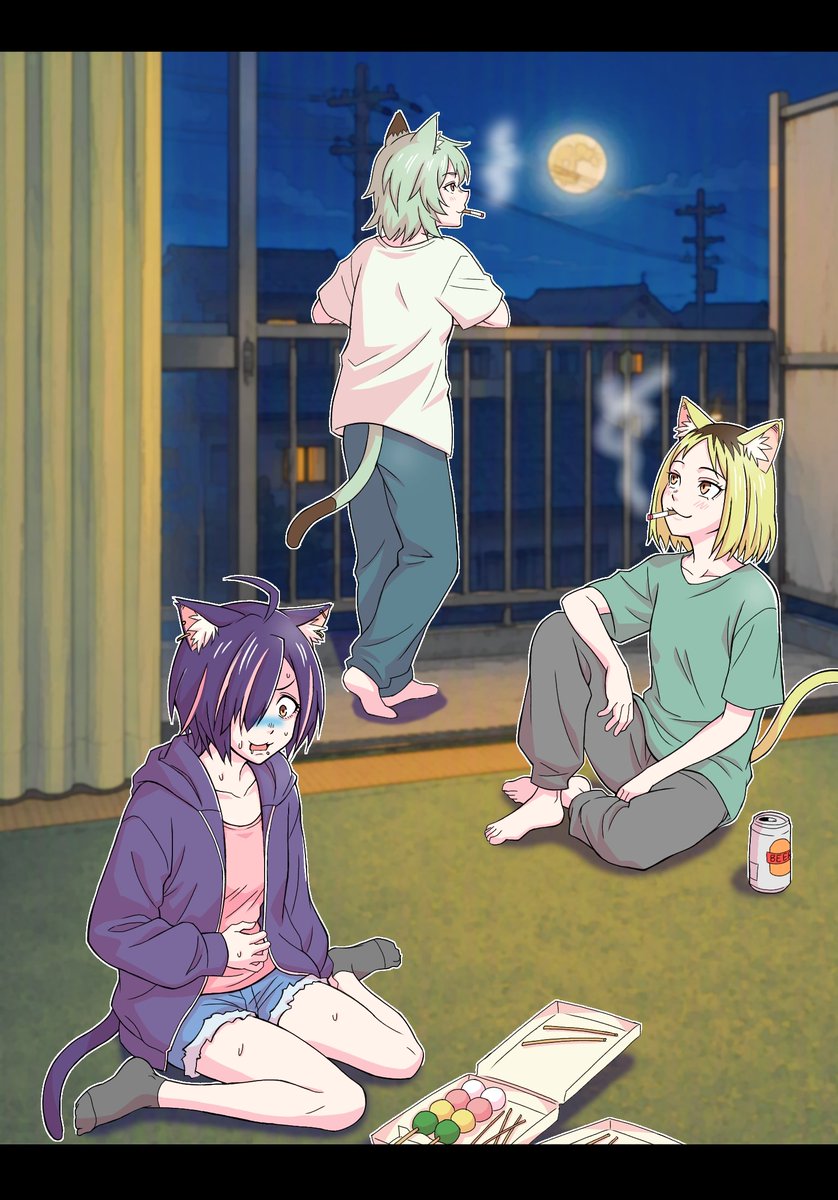 1IEtM4cE0p48807's tweet photo. 24枚目　今年の十五夜は9月25日らしいです🌝　少し早いですがお月見絵をどうぞ🍡　あとハメちゃんは元気です🚑　#ヤニねこ　#ヤクねこ　#ハメねこ https://t.co/PGkjr2E8Ht