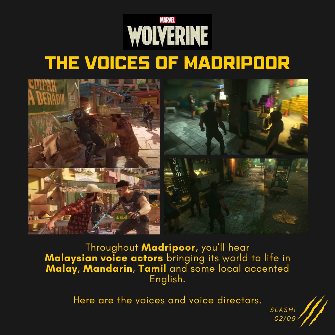 AzmanZulkiplyVA's tweet photo. A little Malaysia Day celebration

Meet the Malaysian voice actors &amp; voice directors who helped bring Madripoor to life in Marvel’s Wolverine across Malay, Mandarin, Tamil &amp; some local-accented English.

Keep an ear out in Madripoor. Here's the Malay voice cast. https://t.co/4iKh0tR2kh
