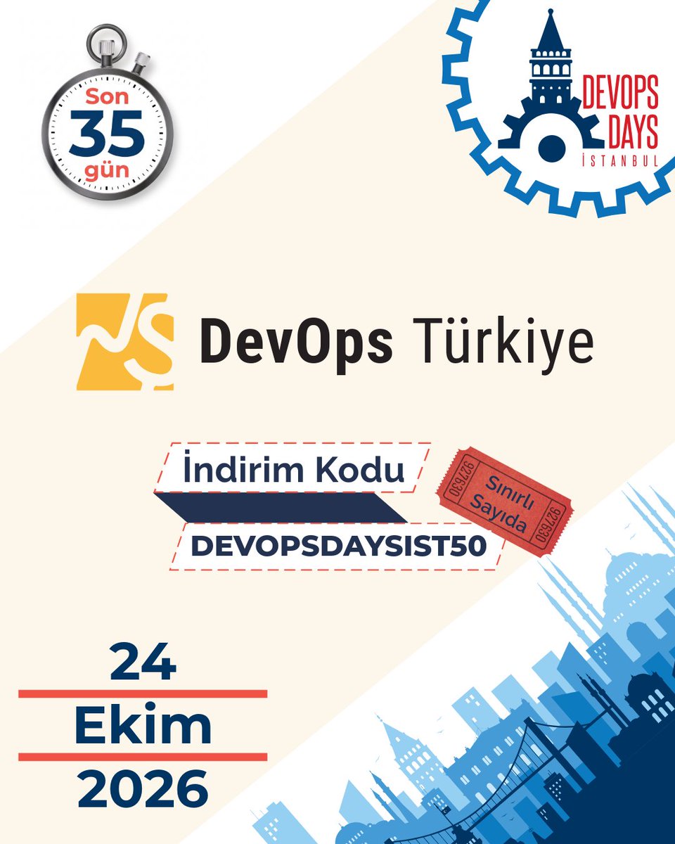 devopstr's tweet photo. DevOps Türkiye olarak, 2016 yılında Türkiye’ye taşıdığımız #DevOpsDaysIstanbul'un (@devopsdaysist)  2026 buluşması için geri sayım başladı! 🚀 Topluluğumuza özel, görselde yer alan indirim kodunu kullanan ilk 10 kişiye %50 indirim! 🎫⚡️

#DevOps #DevOpsTürkiye #DevOpsDays https://t.co/2RrtarUWg1