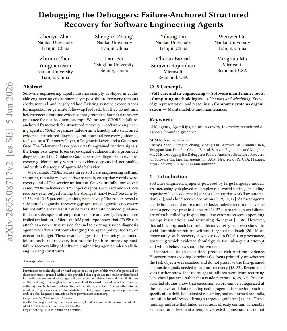 PROBE figure showing failure-anchored telemetry and recovery layers for autonomous coding agents
