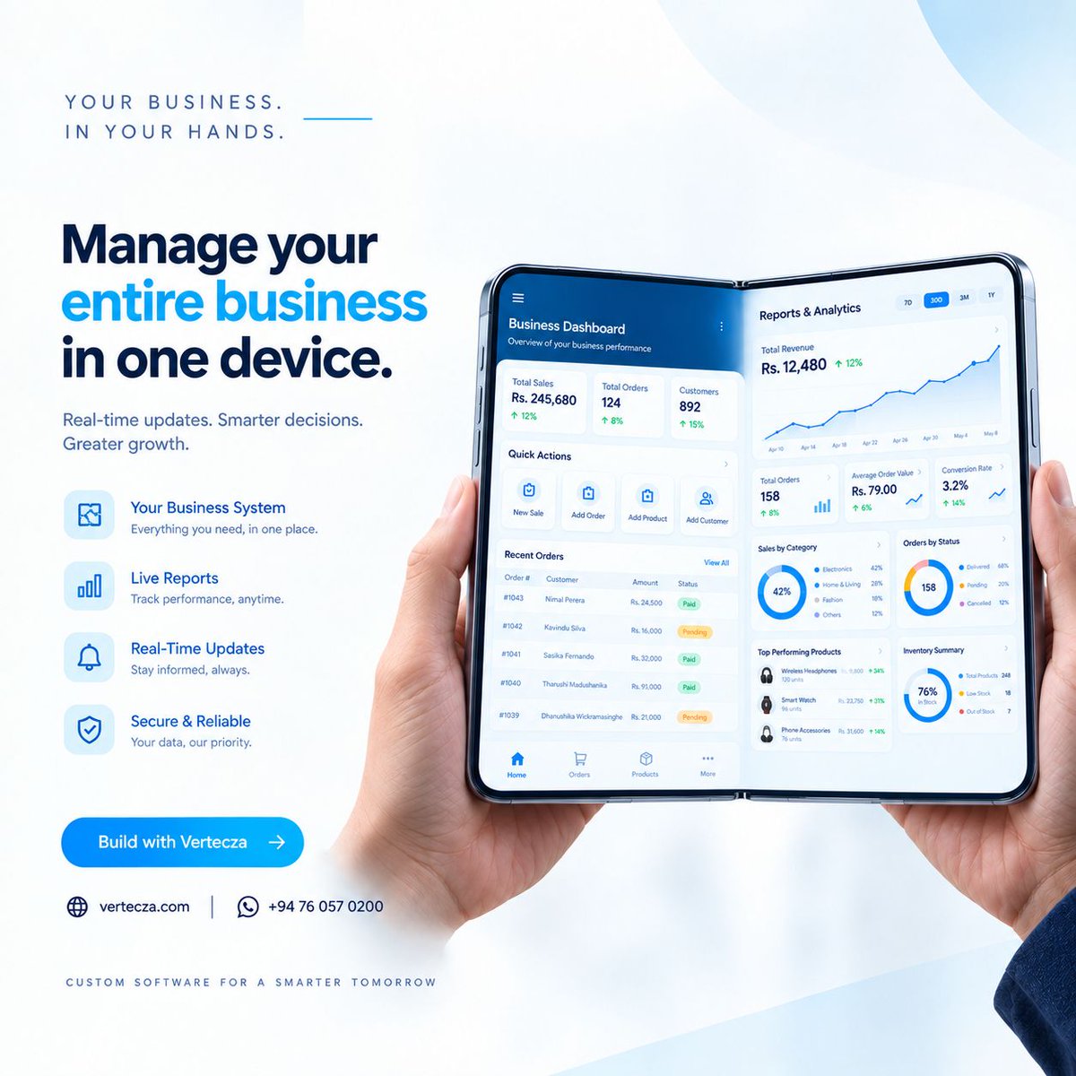 vertecza's tweet photo. 💼 Your business. In your hands.

Sales, inventory, customers, reports &amp; real-time updates — all in one smart system. 🚀

Build custom software around your business with Vertecza.

📲 +94 76 057 0200
🌐 https://t.co/56qWy6Op4X

#Vertecza #CustomSoftware #SriLanka https://t.co/DU59eVVmsH