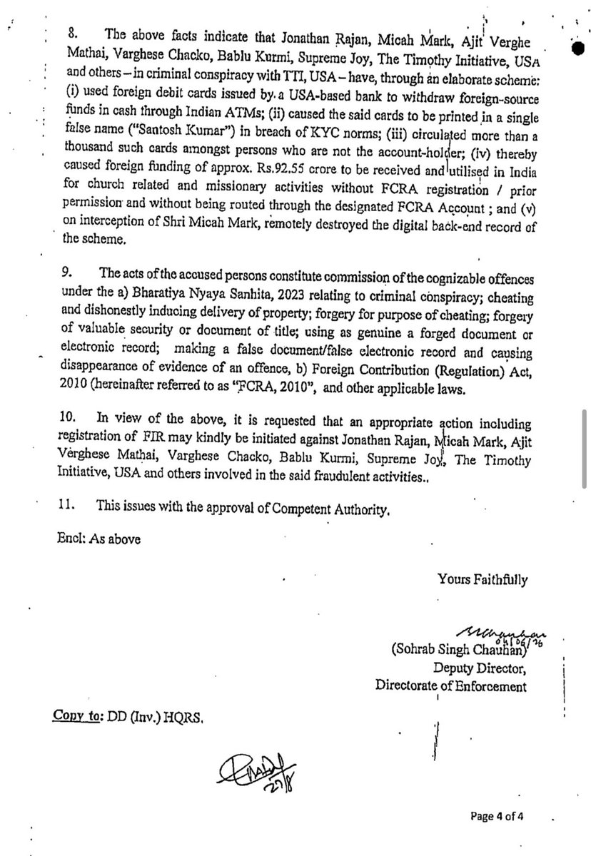 arvindgunasekar's tweet photo. CBI registers case against US based Christian missionary group, The Timothy Initiative, Jonathan Rajan, Overall Operation incharge of TTI in India, Ajit Varghese Mathai, Financial Head of TTI in India and others for allegedly using “foreign funds to the tune of 92.55 crore between November 2025 to April 2026 for missionary activities” in violation of Foreign Contribution Regulation Act.

CBI alleges that the accused withdrew cash from various ATMs across the country using foreign debit cards issued by Truist Bank of USA.

CBI has registered the FIR based on the information shared by ED. 

ED’s investigation has allegedly revealed that over 1,000 such foreign debt cards have been distributed in India over the past few years and foreign funds are being withdrawn using these cards across various ATMs and the said funds are being used for “training, preaching, and brainwashing of poor people leading to left wing extremism, among others.”

ED further alleges that TTI, USA indulged in destruction of evidence by deleting data on its servers using remote access during the searches.