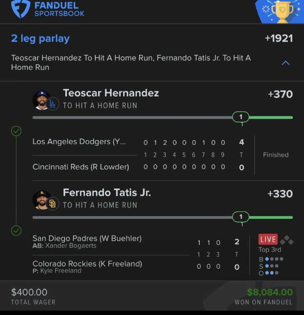 TheGreen60's tweet photo. $400 Wager → $8,084 Payout‼️💰

Two elite power bats. One aggressive ticket.
Let’s cash it. 💰

https://t.co/okxpxdtwjW

#NBA 🏀 | #WNBA | #CBB 🏀 |  #PrizePicks 🔐 | #PROPS | #POTD 📋 | #Picks | #MLB ⚾ | #Gambling𝕏 |  @Playbook
#Sportsbetting #NFL   
#DraftKings #Fanduel https://t.co/JNwouCeXhh