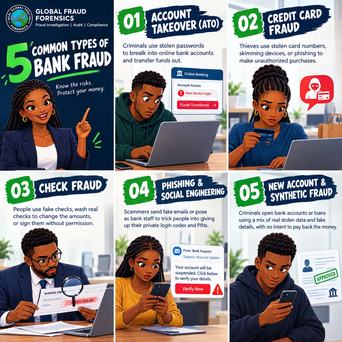 FraudXposeNG's tweet photo. 5 common types of bank fraud you should know about. 🚨
Knowing the risks is the first step to protecting yourself and your organisation.

Need professional fraud prevention, investigation or compliance support? Contact Global Fraud Forensics today.

📞 08098027322

#bankfraud https://t.co/1Kths86EmN