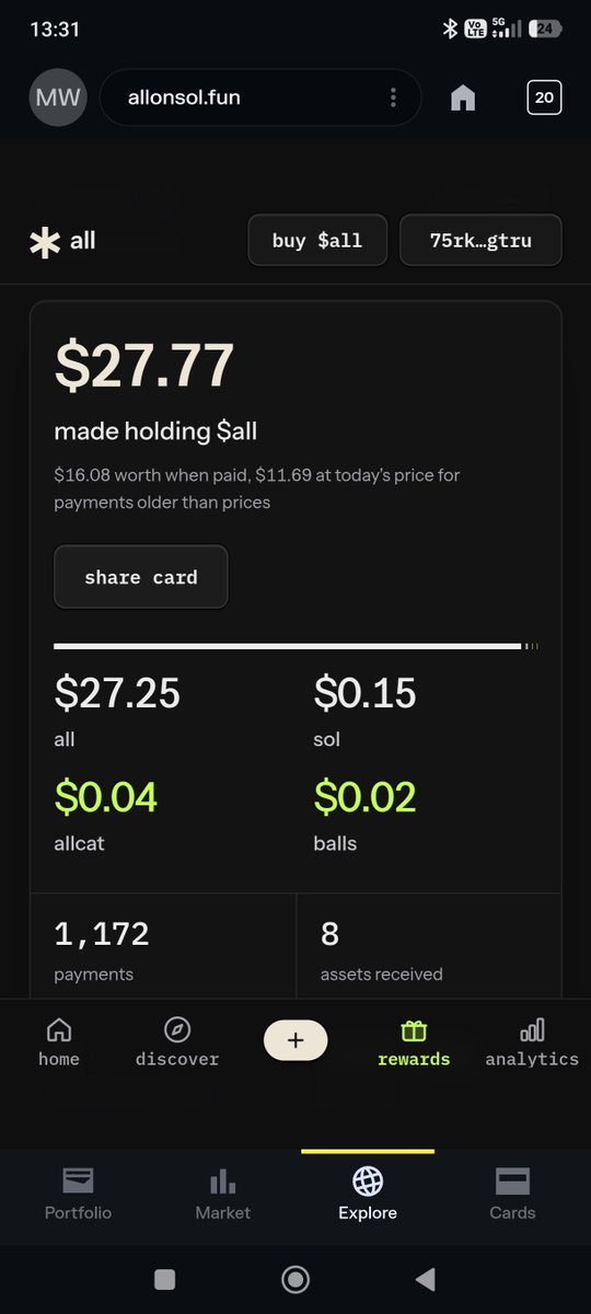InTillretired's tweet photo. $all rewards - for just holding 2 days.
@allonsolanaa - lightning fast team. Very undervalued at 1M MC https://t.co/1I4b5YVAVu