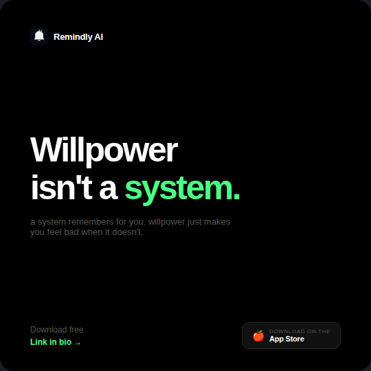 RemindlyAI_app's tweet photo. Willpower isn't a system, here's what is 🧠
One card, four reasons it works, and a much shorter journey to "reminder set" than the regular app. Download free link in bio
#RemindlyAI #Productivity #AIApp #NeverForget #LifeHack https://t.co/6ewP8C4MqP