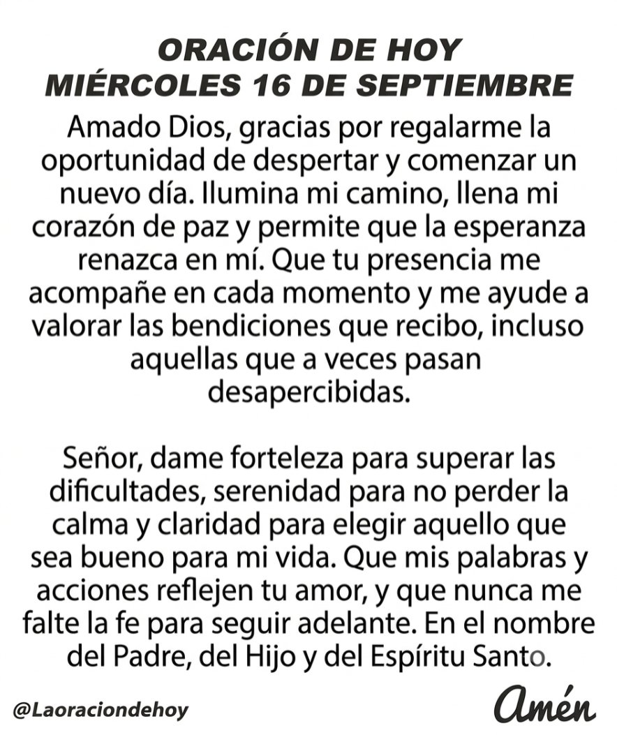 laoraciondehoy's tweet photo. Oración diaria para hoy miércoles 16 de septiembre de 2026. https://t.co/0cJN5IpGOn