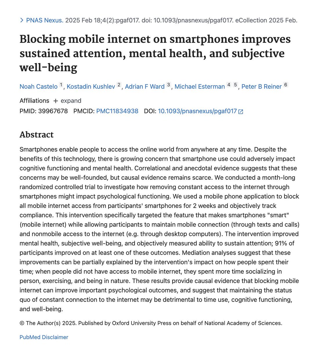 anishmoonka's tweet photo. Two weeks without internet on your phone improved people's focus by about as much as 10 years of aging takes away. In a study of 467 volunteers, an app shut off the internet on their phones, and they could still call, text, and use a computer.

An app called Freedom blocked mobile data and Wi-Fi on the phones in this study, published in PNAS Nexus in 2025. Half started right away. The other half waited two weeks to serve as a comparison group. Focus was measured with a computer test that asks you to stay alert during a boring, repetitive task.

Mental health, overall happiness, and focus all improved, and 91 percent of people got better on at least one of them. With no internet in their pocket, people spent more time with friends face to face, exercising, and outdoors, and that shift explained part of the improvement.

Of the 467 volunteers, 266 installed the app and only 119 kept the block on long enough. About 1 in 4 people made it, even though they had signed up voluntarily and could still use a laptop. The focus boost took two weeks, and three out of four volunteers couldn't last that long. https://t.co/nRaIaUb8pd