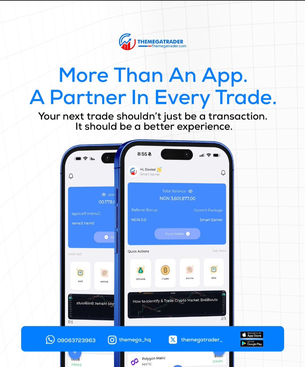 themega_hq's tweet photo. Your trades deserve more than just a basic transaction screen. 🤝📱
​Every swap, payout, and asset exchange should feel reliable, smooth, and rewarding. With THEMEGATRADER, you get more than a platform—you get a trading partner committed to giving you the best experience every step of the way.
​Elevate every single move you make with features built around you:
🤝 Dedicated reliability for every single trade
⚡ Swift payouts to keep your funds moving
📈 Market-leading exchange rates on crypto & gift cards
🔒 Seamless, ironclad security for total peace of mind
​Stop settling for cold, slow transactions. Choose a partner that puts your experience first.
​📲 Download the THEMEGATRADER app today and trade with a partner you can trust.
​Best crypto trading app Nigeria, Reliable crypto platform, Partner in every trade, Sell Bitcoin fast Naira, Trade gift cards instantly, THEMEGATRADER app download, Trusted exchange app Nigeria, Smooth crypto payouts.
​#Themega_HQ #CryptoPartner #CryptoNigeria #CryptoTrading #Fintech