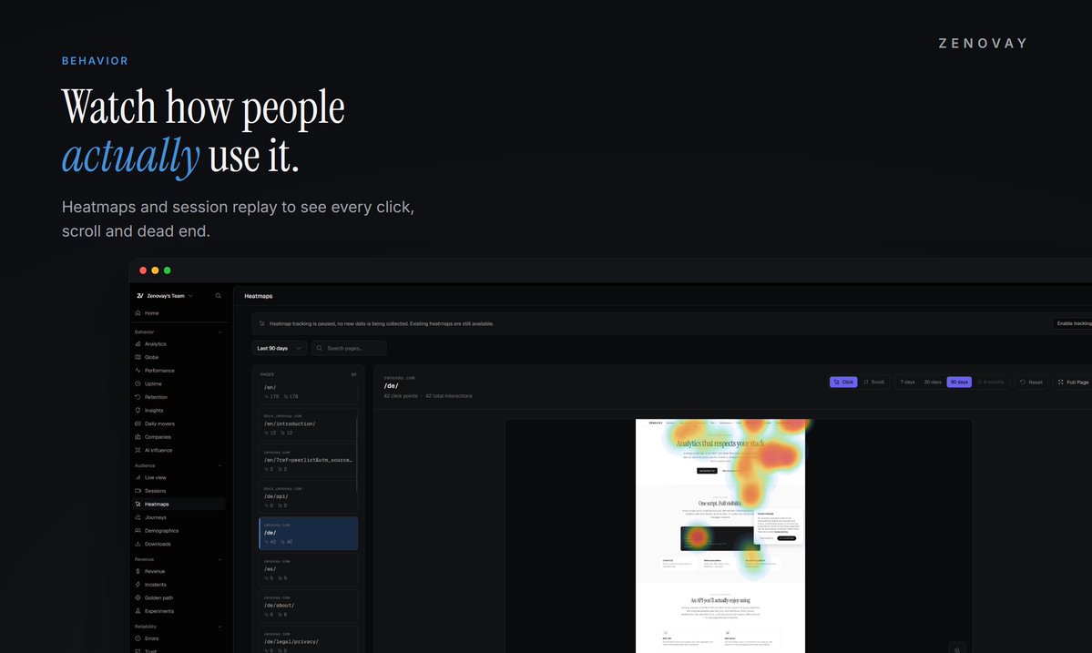 valerioamirani's tweet photo. Watching how people actually use your website changes everything.
Heatmaps + session replay, built into @ZenovayDX https://t.co/GIKgz4qlCb