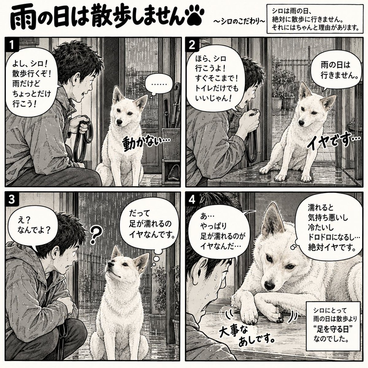 YSfactory0122's tweet photo. FCWに登場する犬「シロ」。
実はこの子、俺が以前一緒に暮らしていた本物の愛犬がモデルです。
現実のシロは自由で、ちょっと頑固で、ものすごく賢い犬でした。
今回は、そんなシロとの思い出を4コマにしてみました。
#FCW #FactoryConstructionWrestling #4コマ漫画 #シロ #犬との思い出 https://t.co/TQCK6n3Ct5