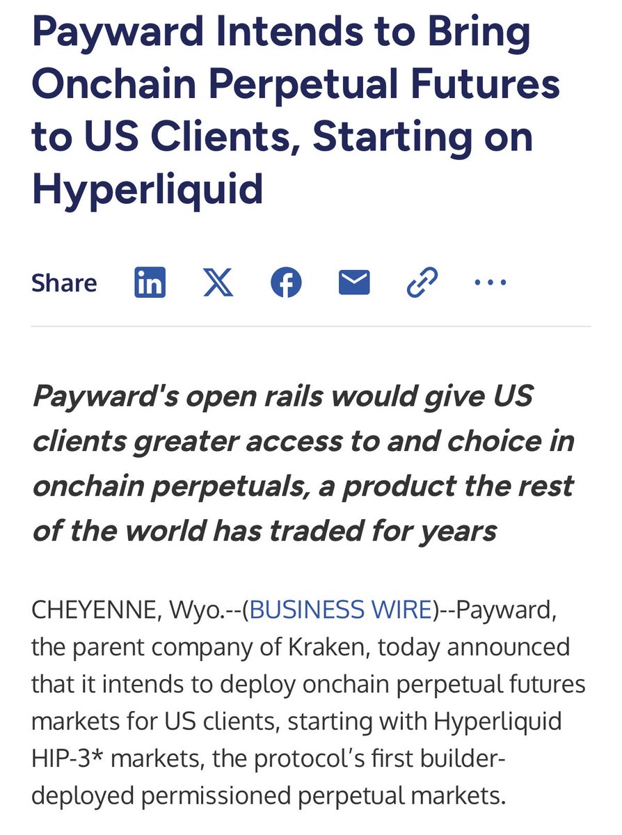andyyy's tweet photo. BREAKING: KRAKEN PARENT CO PAYWARD IS BRINGING PERPS TO THE US ON HYPERLIQUID.

These will use the recently deployed HIP-3* markets on Hyperliquid.

Hyperliquid is coming to the USA. Absolutely massive news.

Source: Business Wire https://t.co/lblliCigTV
