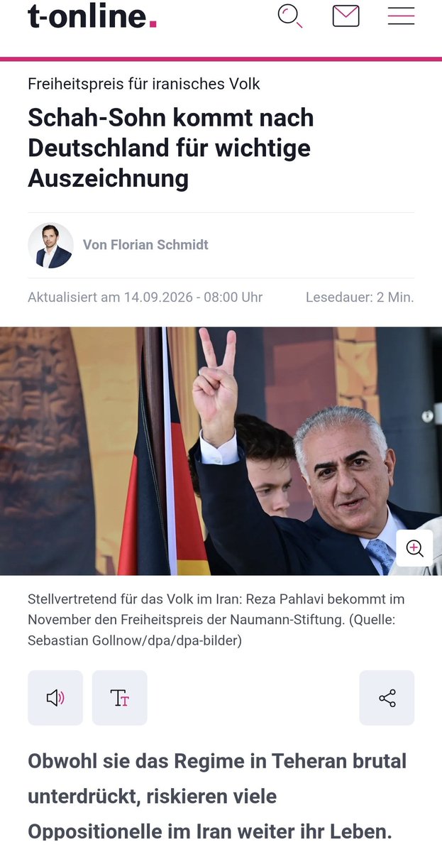 SanaieSahar's tweet photo. In November soll Baby Shah Pahlavi einen Freiheitspreis in der Paulskirche in Frankfurt überreicht bekommen. @StSaebisch @FNFreiheit 

In einem Artikel in der @tonline @fls_news wird als Grund für die Ernennung erklärt, dass Pahlavi sich nicht für eine Regierungsform ausspreche, sondern von Selbstbestimmungsrecht für das iranische Volk.

Das ist faktisch nicht richtig! Pahlavi stellt sich selbst überall als Kronprinz vor. Seine Anhänger beharren darauf die Parole zu rufen "King Reza Pahlavi" und die Monarchie auszurufen.

Pahlavi sieht sich selbst als Nachfolger der Blutlinie seiner Familie und besteht darauf stolz auf das Handeln seines Vaters zu sein, inklusive SAVAK und Diktatur. Er hat 4 Jahrzehnte mit dem Geld gestohlen aus dem Iran in Luxus gelebt, er betont stets, für die Menschen im Iran seine eigene Freiheit nicht aufgeben zu wollen. Woher stammt seine Legitimität dann?

Weiterhin wird in dem Artikel hervor gehoben, Pahlavi setze sich für die Abschaffung der Mullahs ein! Er verfügt weder über eine Netzwek im Iran noch über eine Organisationsfähigkeit. Stattdessen setzt er sich für Krieg und Bomben ein. Verdient jemand der Krieg als humanitären Akt propagiert über einen Freiheitspreis während die Menschen im Iran rufen "Nein zum Krieg"? 

Ich denke eher, dass die Überreichung dieser Auszeichnung an Pahlavi die Glaubwürdigkeit dieser Stiftung und dieses Preises infrage stellt!

#no2pahlavi #no2shahno2mullahs #iran