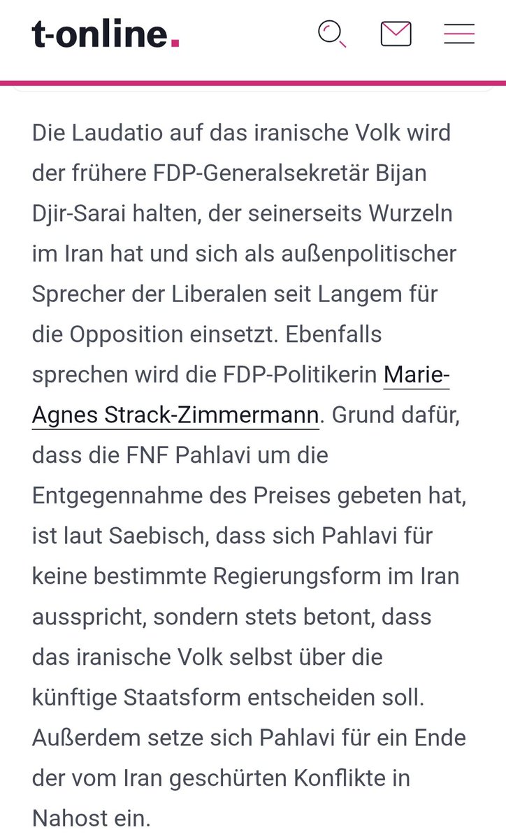 SanaieSahar's tweet photo. In November soll Baby Shah Pahlavi einen Freiheitspreis in der Paulskirche in Frankfurt überreicht bekommen. @StSaebisch @FNFreiheit 

In einem Artikel in der @tonline @fls_news wird als Grund für die Ernennung erklärt, dass Pahlavi sich nicht für eine Regierungsform ausspreche, sondern von Selbstbestimmungsrecht für das iranische Volk.

Das ist faktisch nicht richtig! Pahlavi stellt sich selbst überall als Kronprinz vor. Seine Anhänger beharren darauf die Parole zu rufen "King Reza Pahlavi" und die Monarchie auszurufen.

Pahlavi sieht sich selbst als Nachfolger der Blutlinie seiner Familie und besteht darauf stolz auf das Handeln seines Vaters zu sein, inklusive SAVAK und Diktatur. Er hat 4 Jahrzehnte mit dem Geld gestohlen aus dem Iran in Luxus gelebt, er betont stets, für die Menschen im Iran seine eigene Freiheit nicht aufgeben zu wollen. Woher stammt seine Legitimität dann?

Weiterhin wird in dem Artikel hervor gehoben, Pahlavi setze sich für die Abschaffung der Mullahs ein! Er verfügt weder über eine Netzwek im Iran noch über eine Organisationsfähigkeit. Stattdessen setzt er sich für Krieg und Bomben ein. Verdient jemand der Krieg als humanitären Akt propagiert über einen Freiheitspreis während die Menschen im Iran rufen "Nein zum Krieg"? 

Ich denke eher, dass die Überreichung dieser Auszeichnung an Pahlavi die Glaubwürdigkeit dieser Stiftung und dieses Preises infrage stellt!

#no2pahlavi #no2shahno2mullahs #iran