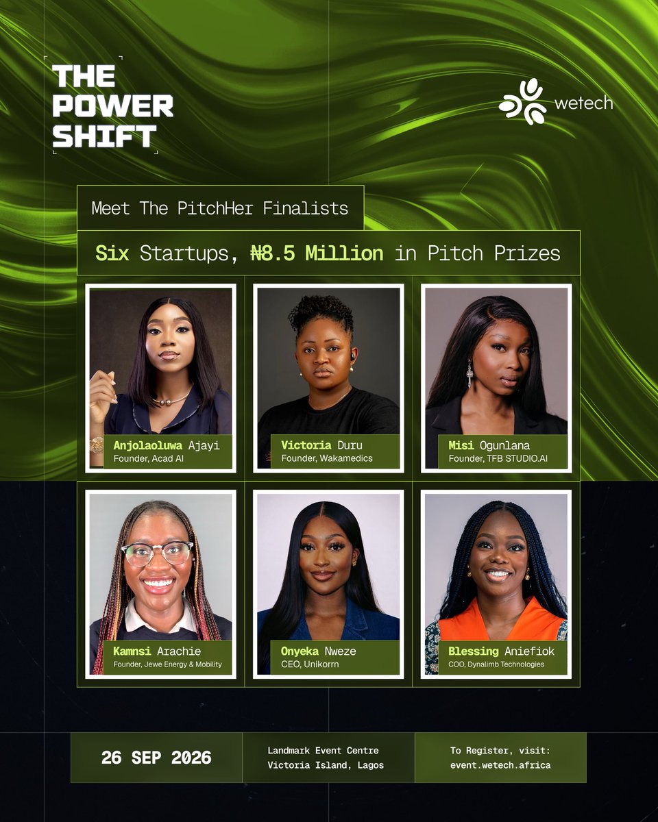 wetechofficial's tweet photo. The final six are in 🔥

Meet the PitchHer 2026 finalists, six women founders who will pitch their businesses live at #Wetech2026 for a share of ₦8.5M in funding. 

Anjolaoluwa Ajayi (@lifewjola), Founder, Acad AI (@acad__ai) 

Victoria Duru (@thefertilitybos), Founder, Wakamedics (@Wakamedicsng)

Misi Ogunlana (@misiafrica), Founder, TFBStudios AI (@TFBSTUDIOSAI) 

Kamnsi Arachie (@kammie_ay l), Founder, JEWE Energy & Mobility

Onyeka Nweze, CEO, Unikorrn (@unikorrnio)

Blessing Aniefiok, COO, Dynalimbs Technologies (@dynalimb) 

They’ve made it to the stage. Next comes the pitch.

On Sept 26, 2026 |📍 Landmark Event Centre, Lagos

Visit https://t.co/AFIEcO460d now to join us live in the room. 

#Wetech2026 #PitchHer #ThePowerShift #WomenFounders