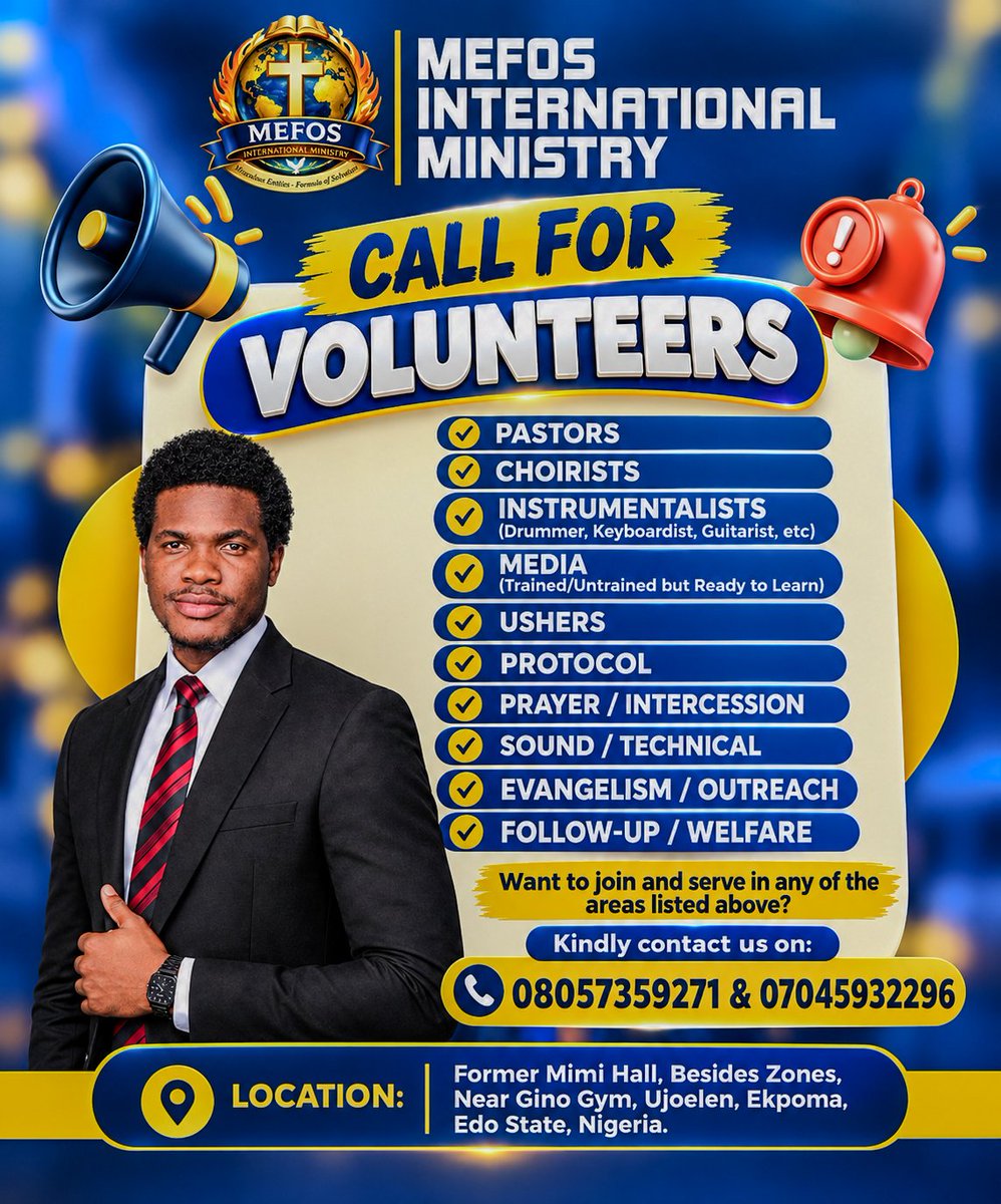 MEFOSGLOBAL's tweet photo. CALL FOR VOLUNTEERS 📣
MEFOS INTERNATIONAL MINISTRY is now in Ekpoma!

We are calling on passionate and willing people who desire to serve, grow, &amp; contribute to the work of God. If you can serve in any of the areas listed kindly reach out to us.
 08057359271 | 07045932296 https://t.co/lbvC98asnJ