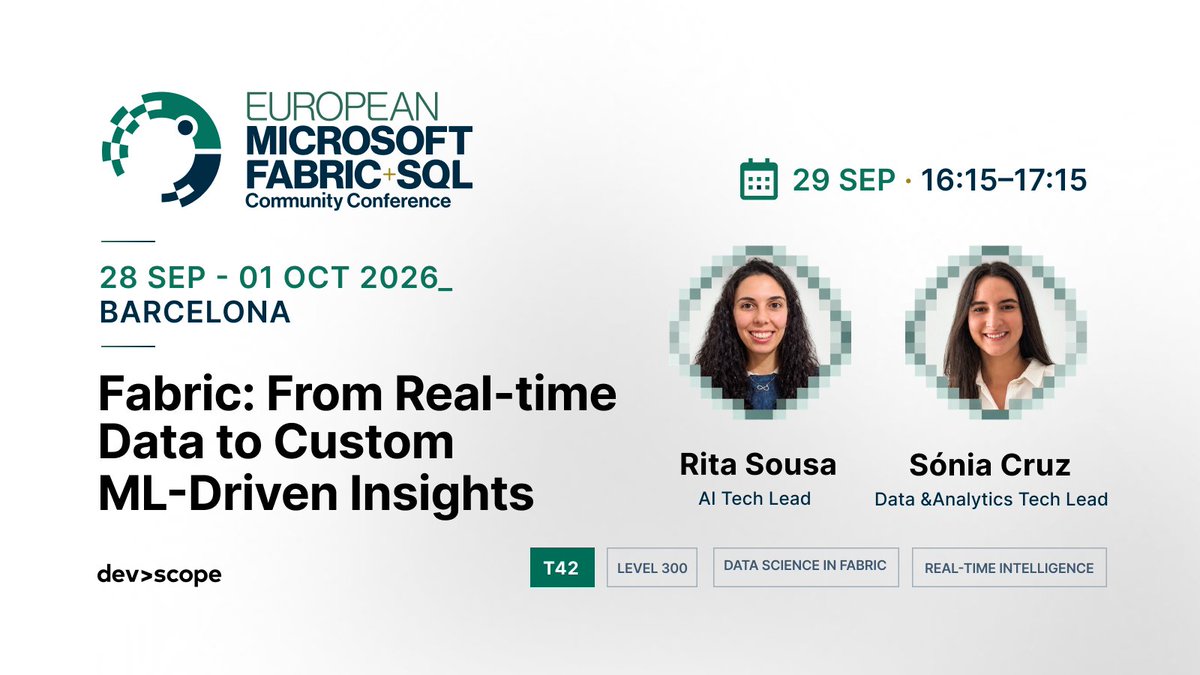 DevScope's tweet photo. Spot the difference: generic ML vs. tailored ML🎯 
At @FabCon, Rita &amp; Sónia show how to build custom ML pipelines in Microsoft Fabric that score and act on your data in real time.

Barcelona | Sept 28 – Oct 1 | Register🔗https://t.co/feNZNaPFC3

#Fabric #ML #Barcelona #FabCon https://t.co/w1HdyxgkfR