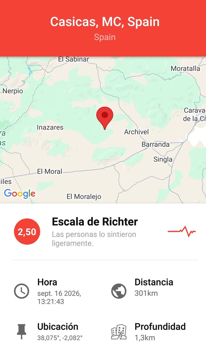 EnsancheMeteo's tweet photo. Ocurrió un terremoto 2.5 cerca de Casicas, MC, Spain..
Day 16 septiembre
⌚13:40 𝚑.
#terremoto #earthquake #tremblement #terramoto #QuakeSpain https://t.co/YXgZL36LBq