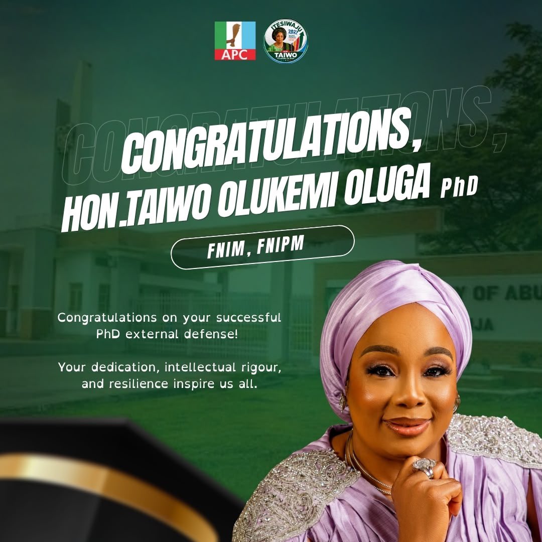 Oluga_MediaTeaM's tweet photo. 🎓 Congratulations, Ma!

The Oluga Media Team celebrates Hon. Taiwo Olukemi Oluga, FNIM, FNIPM, on the successful defense of her PhD thesis at the University of Abuja

A well-deserved milestone. May Almighty God grant you greater wisdom and grace for more achievements🎉👏

— OMT https://t.co/Rz7Qm3fzR1