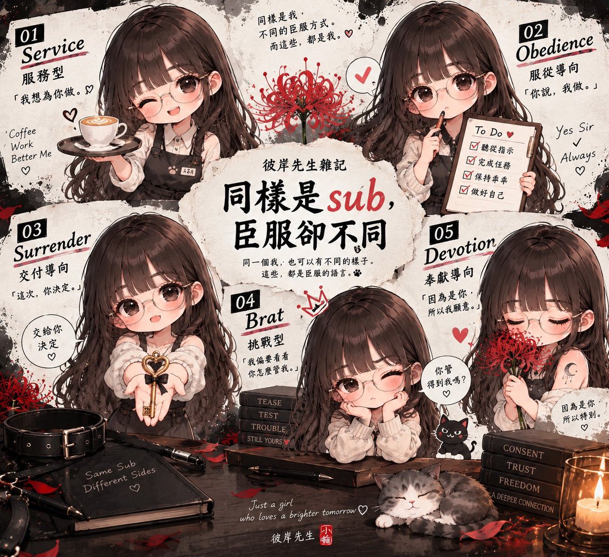 XBiAnMr's tweet photo. 彼岸先生雜記
同樣是 sub，臣服卻不同

都是 sub，但臣服的樣子不一定相同。

有人喜歡服務，有人喜歡聽話；有人享受把決定權交出去，也有人非得先頂兩句嘴，才有「被管住」的感覺。

這不是官方分類，也不是只能選一種。
只是 BDSM 社群裡常見的幾種臣服面貌。

01｜Service sub｜服務型

「我想為你做。」

喜歡透過服務、照料或替對方做事來表達臣服。

不一定要等命令。
對他們來說，能為對方做些什麼，本身就很有感。

02｜Obedience-oriented｜服從導向

「你說，我做。」

喜歡接受指令、遵守要��，從「你要求，我照做」裡感受到臣服。

和 Service 最���的不同：

Service 是「我想為你做」。
Obedience 是「因為是你叫我做」。

03｜Surrender-oriented｜交付導向

「這次，你決定。」

喜歡把部分控制或決定權交出去，享受被對方帶領。

不一定要有命令。
有時一句「交給你決定」，就已經很有感。

04｜Brat｜挑戰型

「我偏要看看你怎麼管我。」

喜歡頂嘴、調皮、試探一下，在你來我往的權力拉扯裡感受到臣服。

不是不想臣服。

有時只是：

「我皮成這樣，你接不接得住？」

05｜Devotion-oriented｜奉獻導向

「因為是你，所以我願意。」

有些人的臣服帶著很強的敬意、認同與奉獻感。

可能會服務、遵守規則，也可能有自己的小儀式。

但真正重要的是：

「這個人對我來說，不一樣。」

一個人也可能同時有好幾種。

可能又 Service、又 Surrender；
平常很 Brat，遇到某個人卻突然乖得不像本��。

所以這些不是五個盒子，更不是 BDSM 的「五型人格」。

sub 是角色。
這些，是臣服不同的樣子。

有人用服務表達，有人喜歡服從；有人把方向盤交出去，有人帶著奉獻，也有人非得先頂兩句嘴。

同樣是 sub，臣服卻不同。

以上文章為彼岸先生個人認知、想法與分類整理，部分內容參考 BDSM 社群資料、網路文章、性學及相關文獻查證。