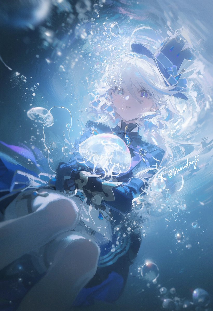 moudanji's tweet photo. Sinking deep into the ocean, surrounded by bubbles and jellyfish. 
A moment of peace for Furina, away from the stage.
#Furina #GenshinImpact #Fanart https://t.co/8Ja0L4M59l