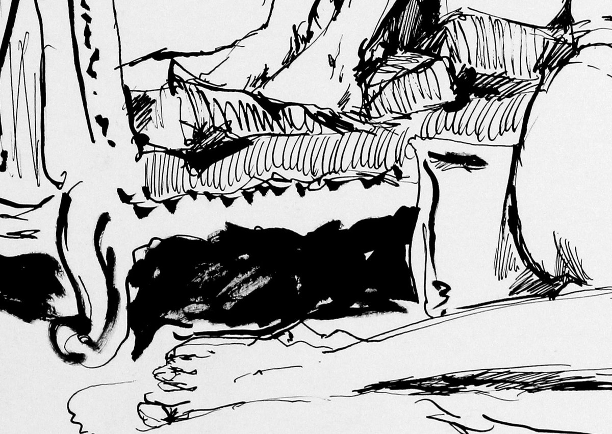 BretMenoni's tweet photo. My latest drawing—both the last posted and the last completed—from the boatmen’s life-drawing marathon in early October. Completed after two intense days of drawing. Like the others, it was made with India ink and a nib, with a few brush touch-ups, https://t.co/TbvMwWCwqV