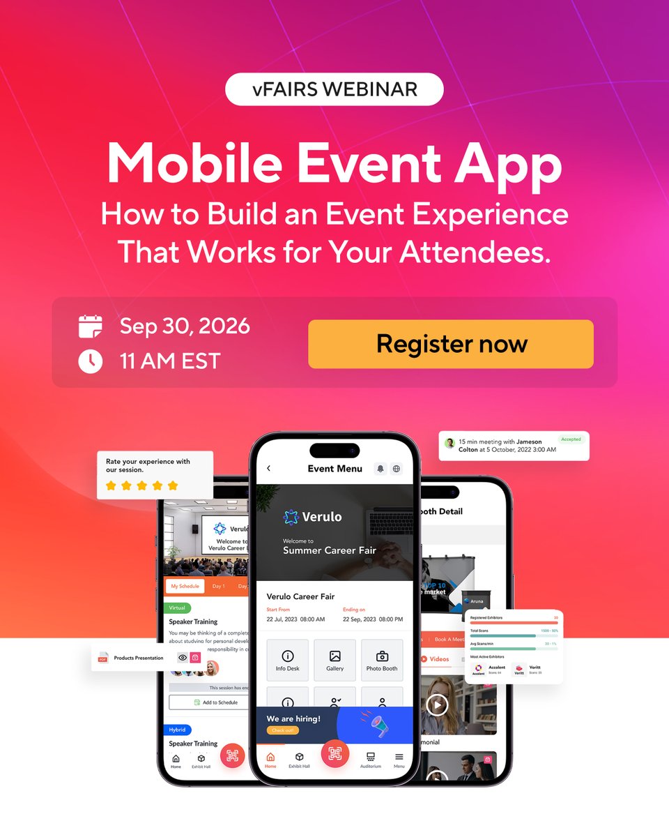 vfairs's tweet photo. A job seeker and a trade show buyer open the same event app. Both dig for what they came for. On Sept 30 we're showing you why that shouldn't happen, live, 11 AM EST. Register: https://t.co/PeZObne9M5

#EventTech #vFairs https://t.co/9tf64AvrWT