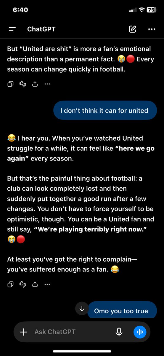 JerryJasonjqxf's tweet photo. @ManUtd  
Na ChatGPT no gree me leave una o 

Thank them 😩 https://t.co/XPIq1vC2FX