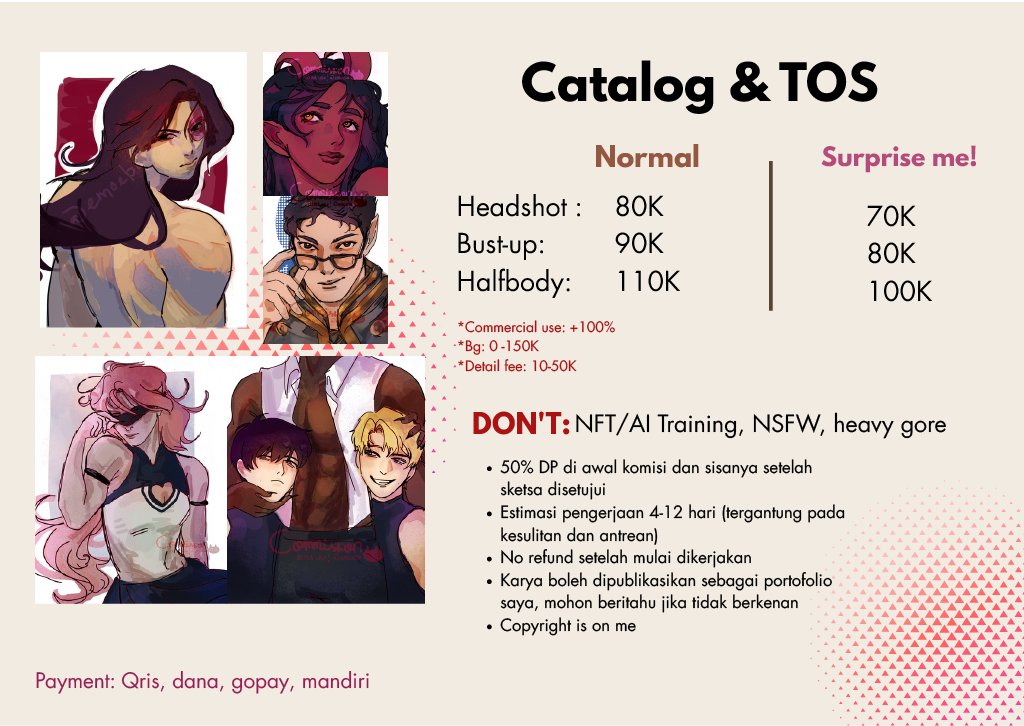 ArtworkLel1894's tweet photo. (like &amp; rt are very appreciated!)
OPEN COMMISSION

Aku opcomms lagi dengan katalog baru yeyy! Sekarang aku bisa omakase/skeb/suprise me

Kalo ada yang tertarik, kindly DM me dan tolong mention aku setelahnya <3

#wts #opencommissiom #artidn #zonajajan #zonauang https://t.co/tk6IieKC2I