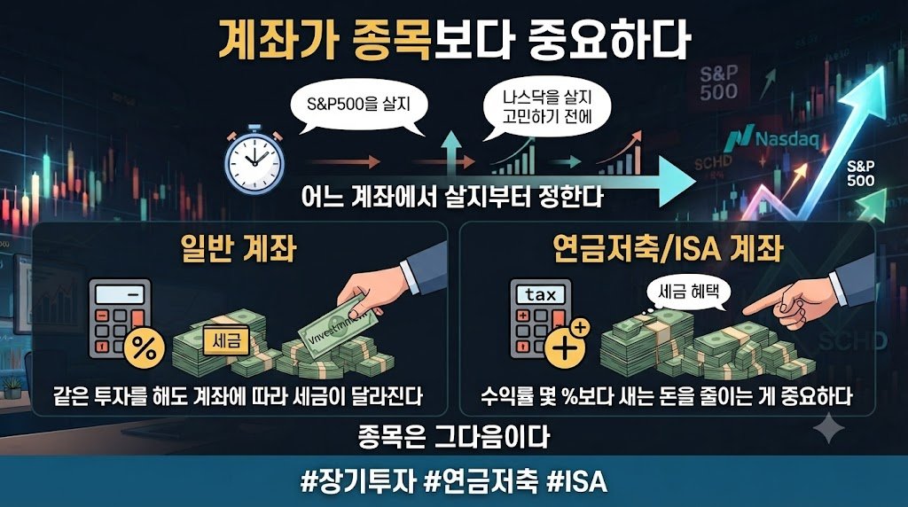 x0u8cv's tweet photo. 종목보다 먼저 고를 건 계좌다.

S&amp;P500을 살지,
나스닥을 살지 고민하기 전에

어느 계좌에서 살지부터 정한다.

같은 투자를 해도
계좌에 따라 세금이 달라진다.

오래 투자할수록
수익률 몇 %보다
새는 돈을 줄이는 게 중요하다.

종목은 그다음이다.

#장기투자 #연금저축 #ISA https://t.co/Duix93x3Ao