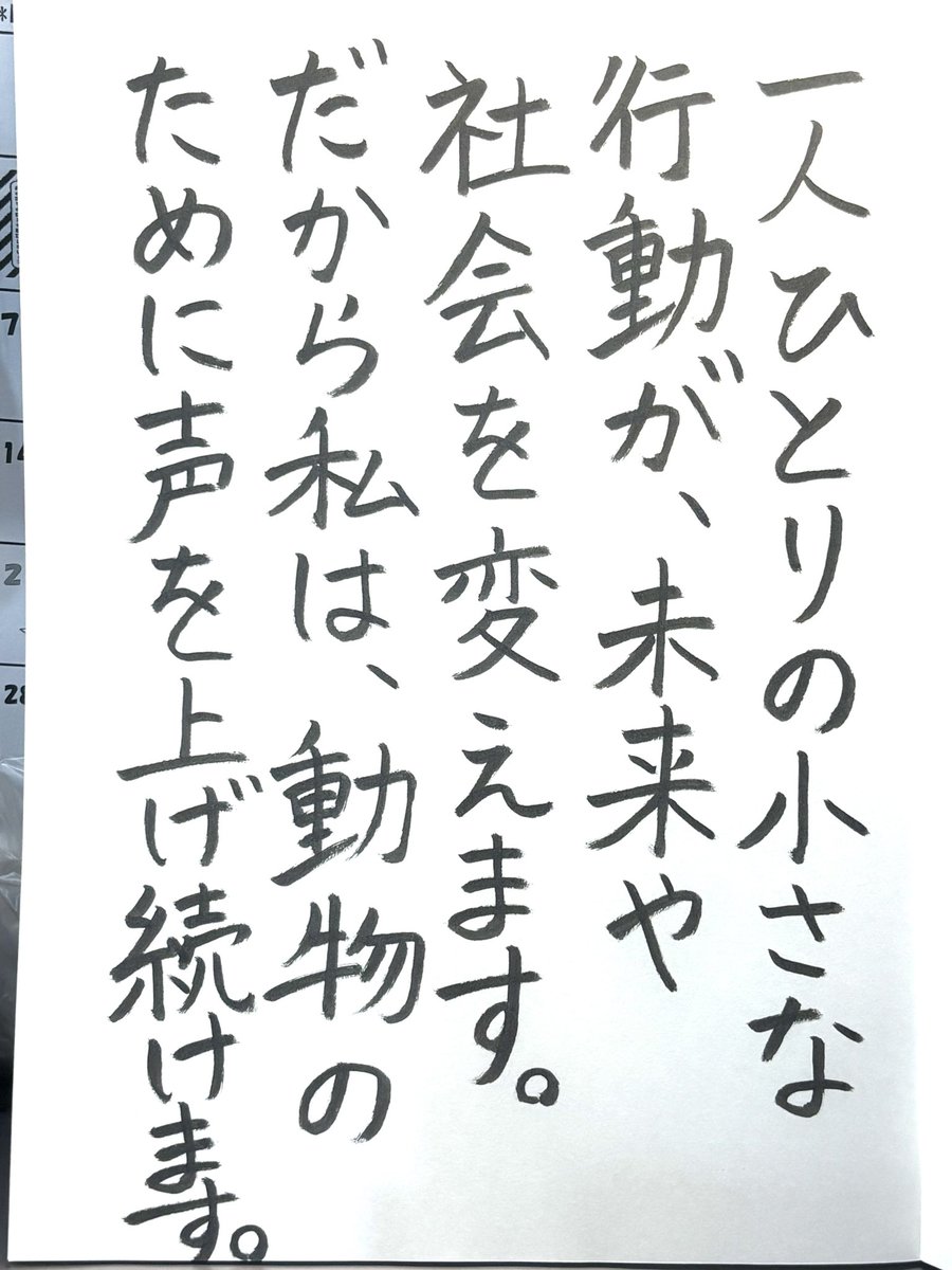 doubutsu_1st's tweet photo. 🐶🐷🐮🐔実際に実物の動物を助ける方法と、動物を痛めつけている社会を少しずつ変えていく方法。

後者は、今日の買い物を調節したり、今日のSNSで動物投稿をシェアしたり、

今日から誰にでも出来る、小さなことです♪

#アニマルライツ
#アニマルウェルフェア
#動物を助けたい
#言葉の力
#習字 https://t.co/Y6Ri24xHJn