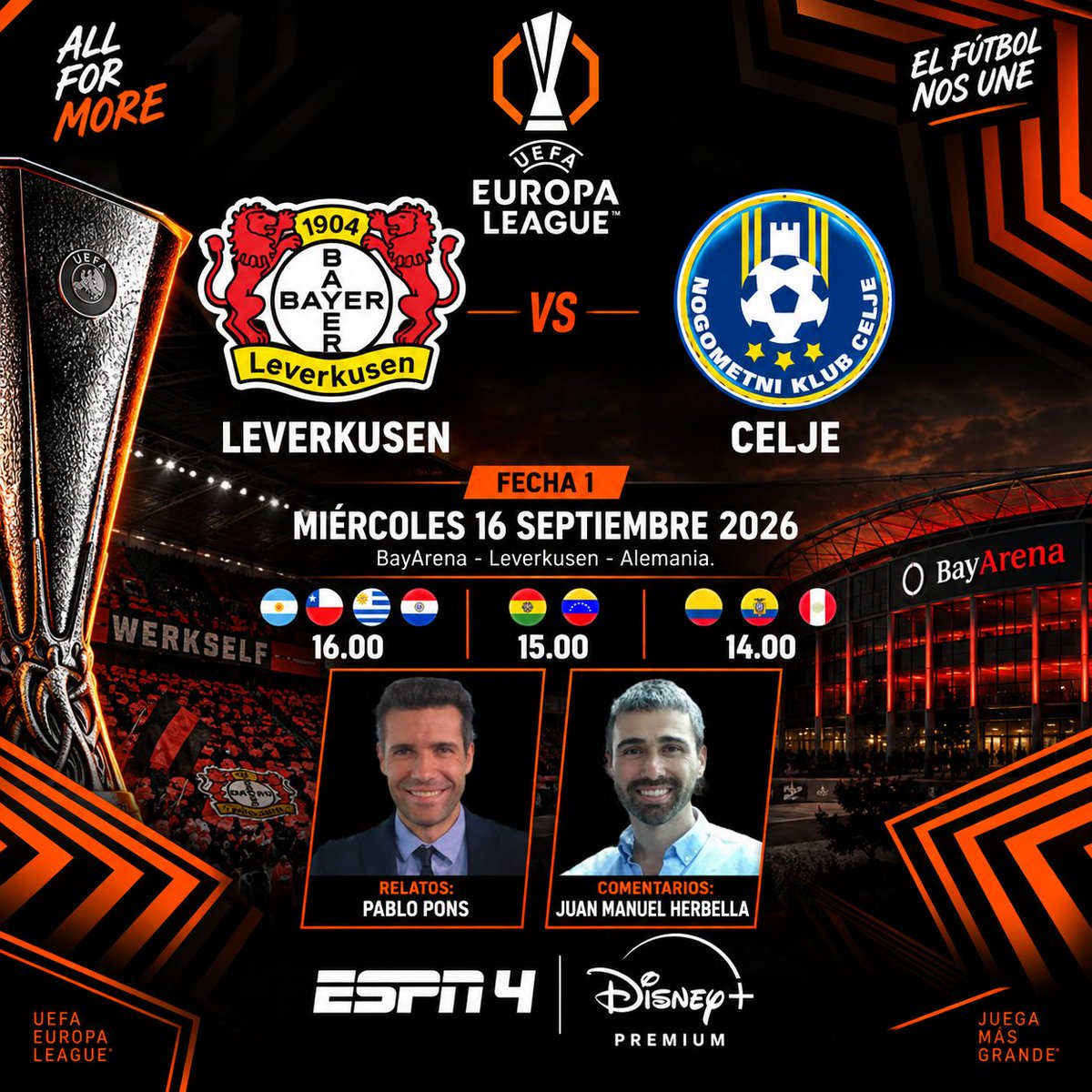 Laguadeportiva1's tweet photo. #UEL | #Leverkusen 🇩🇪🇸🇮#Celje
🎙️ Relatos: Pablo Pons (@pablobari)
🗣️ Comentarios: @JuanHerbella
🖥️ #ESPN4 Sudamérica
📱💻 @disneyplusla
#UELxESPN - #disneyplus
🔃❤️ https://t.co/ovZPek2Axx