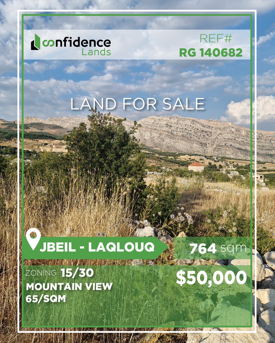 confidence_cre's tweet photo. Price: 50,000 + 2.5% commission

764 m² plot of land in a prime location, offering beautiful mountain views. Ideal for a peaceful home or investment.
ZONE:15/30

Don't hesitate to contact us at 71000850

REF#RG140682 

#LebanonRealEstate #LebanonProperty 

#CONFIRG

J https://t.co/SDuWSUQd0g