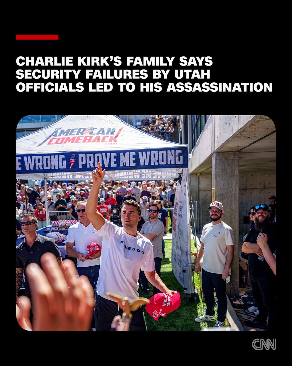 CNN's tweet photo. Attorneys for Charlie Kirk's family say his death resulted from a string of "reckless decisions" by Utah Valley University officials that left him exposed to a rooftop sniper in a wrongful death notice that signals a possible lawsuit. https://t.co/8r6CzUpPvC https://t.co/neD6MhluNt