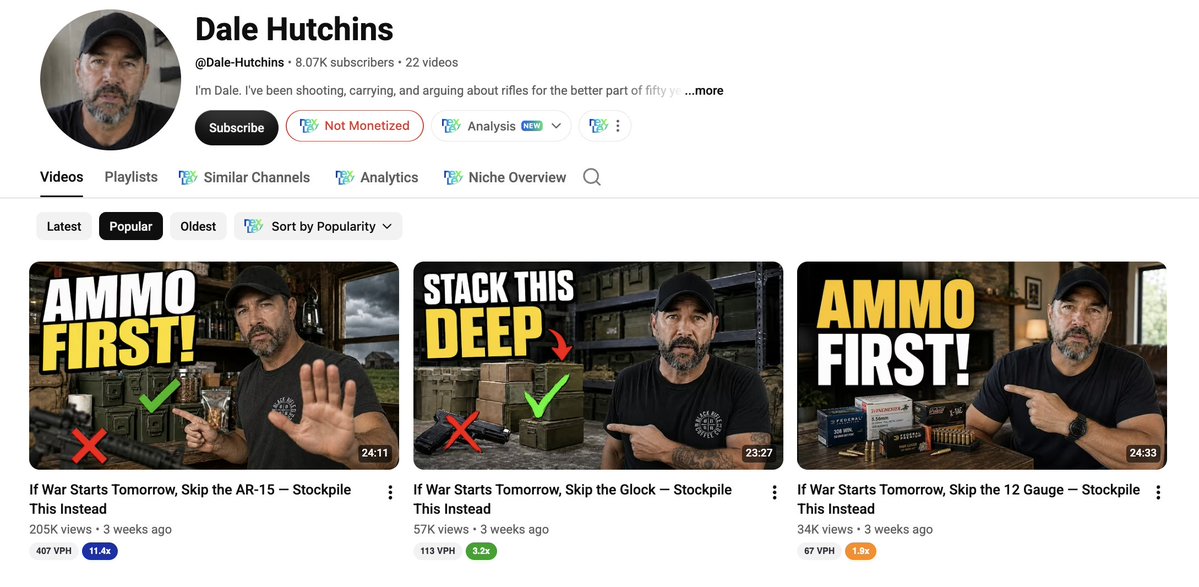 SubscribrAI's tweet photo. NICHE LEAK

He posted the same title three times on the same day. Only the gun changed.

Dale Hutchins. 8,070 subs, 22 videos, 397,000 views. Six weeks old. An Appalachian deer hunter who's been arguing about rifles for fifty years.

All three went up Aug 26.

"If War Starts Tomorrow, Skip the AR-15 — Stockpile This Instead" — 205,000 views. 11.4x his average.
"If War Starts Tomorrow, Skip the Glock — Stockpile This Instead" — 57,000.
"If War Starts Tomorrow, Skip the 12 Gauge — Stockpile This Instead" — 34,000.

Everyone else in this game reruns a winner weeks later. He ran all three at once and let the algorithm tell him which noun was worth 4x more.

One day. One answer. AR-15.

The format itself is doing the rest. "If war starts tomorrow" is a clock. "Skip the thing you already own" is an insult. "Stockpile this instead" is the payoff you can't get without clicking.

Then read the bio. "Most of what the gun magazines sell you is noise." "No sponsors. No range-day theatrics."

He attacks the entire industry he's in. That's the credential. Not experience, opposition.

22 videos in six weeks. No links, no product, pure AdSense.

Stop testing one title a month. Post three on Tuesday and read the results on Wednesday.

You can run the whole thing in Subscribr. Idea, script, thumbnail, avatar, finished video, every channel in one place.