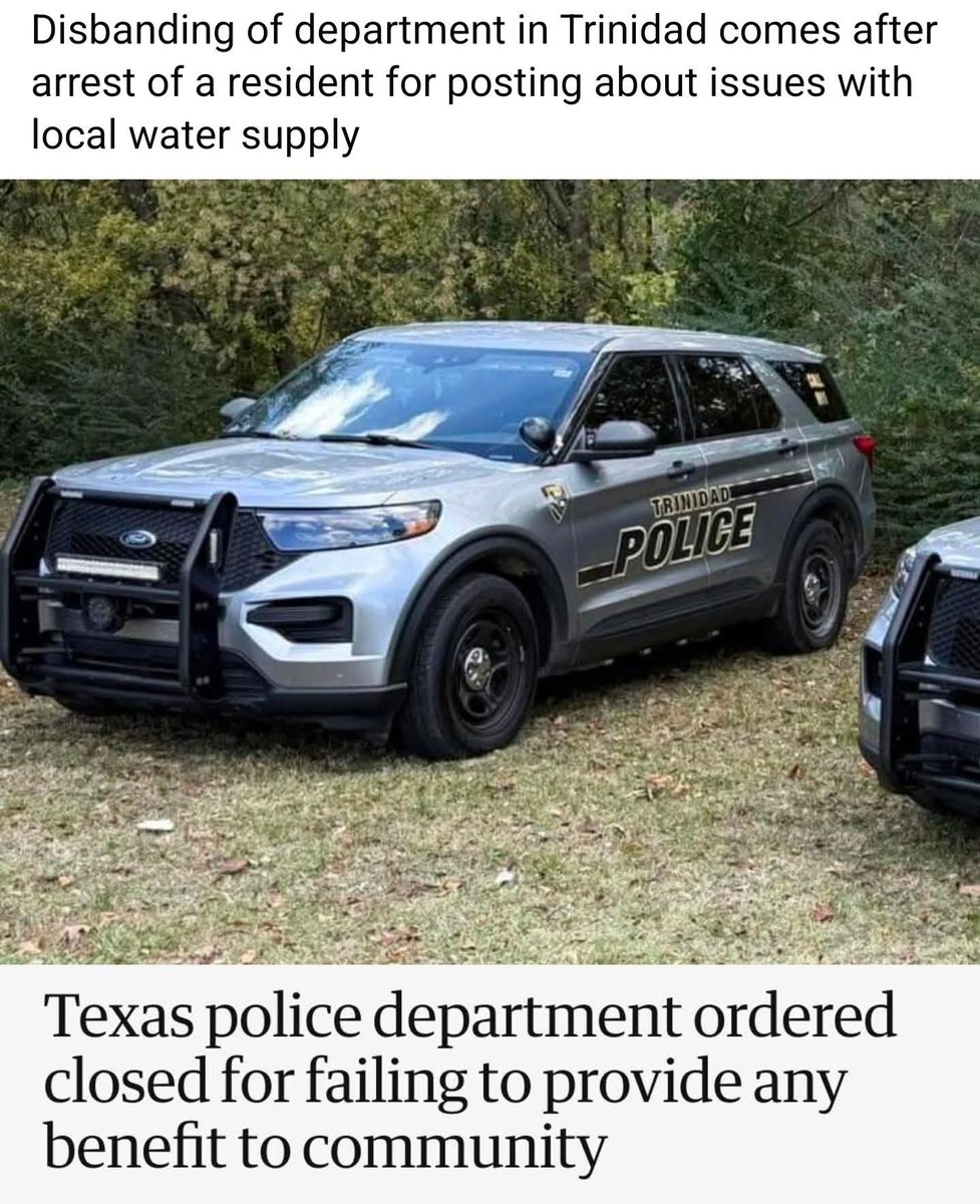 PoliceThePolic1's tweet photo. 🚨 The City of Trinidad, Texas voted to dissolve its police department after controversy over the arrest of a resident who criticized local water issues online. The decision reflected growing scrutiny and questions about accountability, transparency, and community benefit https://t.co/NPVCUAs93q